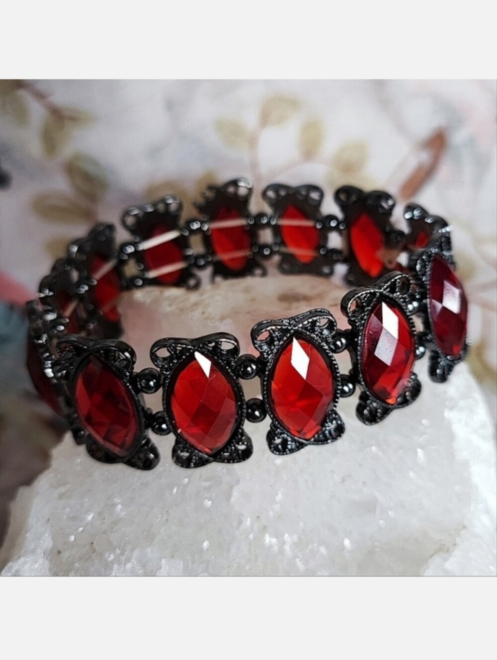 Lipstick Red Segmented Faceted Lucite Navette Filagree Gunmetal Stretch Bracelet